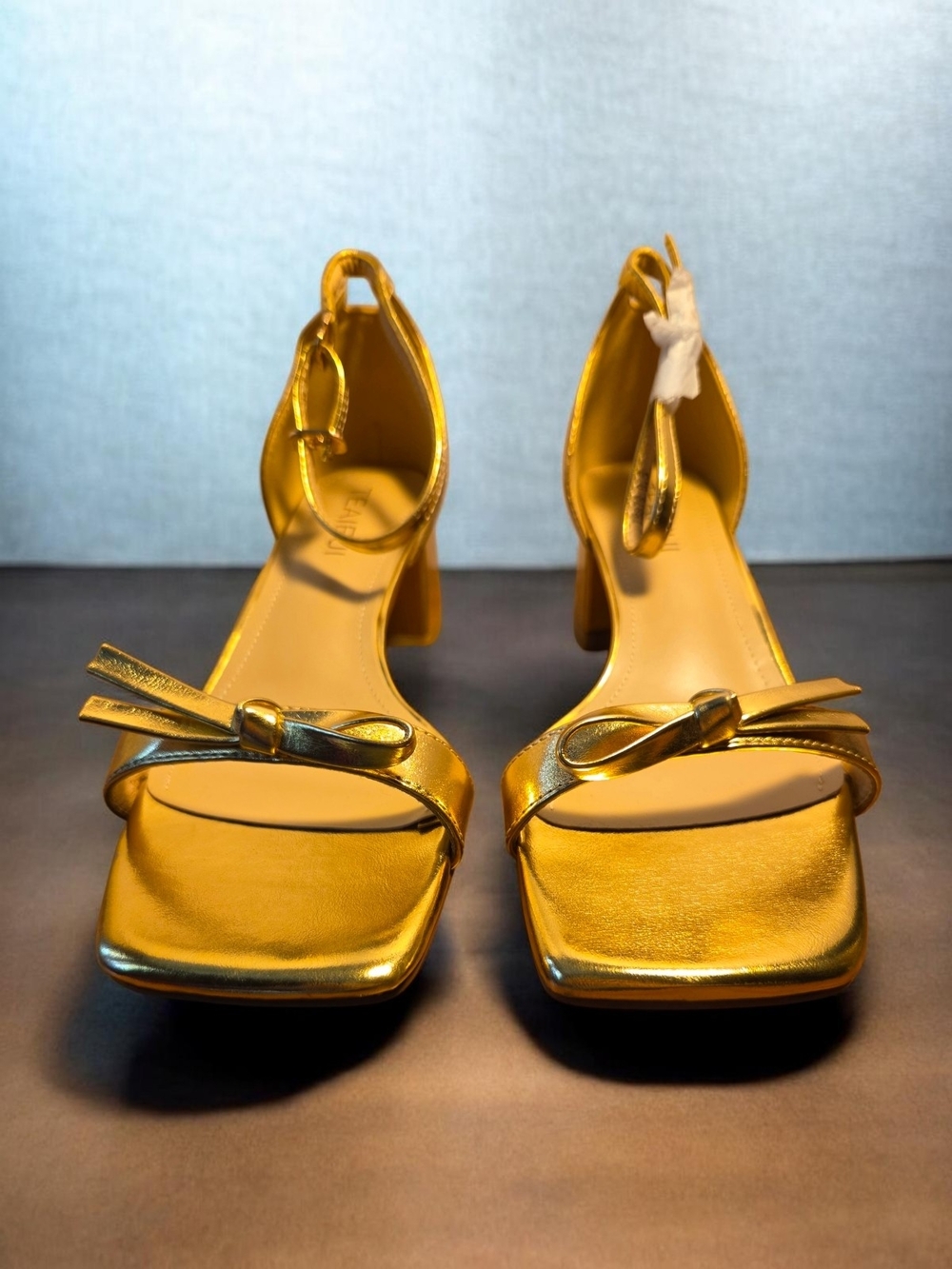 Metallic Gold Bow-Accent Block Heel Sandals ♡*